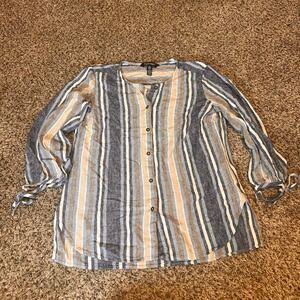 Ellen Tracy Womens Small Striped Button Up Tie Sleeve Tunic Blouse‎ Top